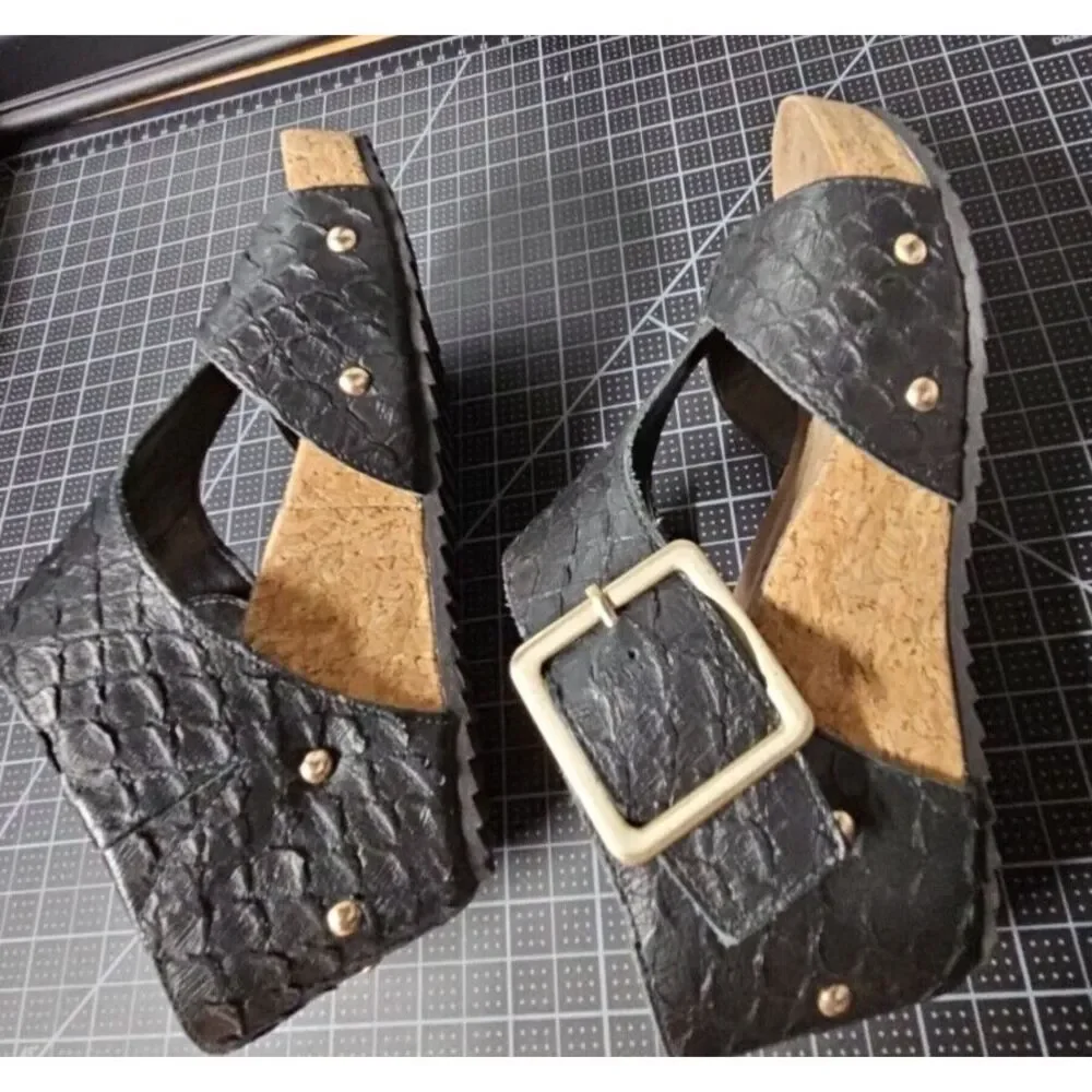 Walking cradles women THEA  wedges ankle‎ embossed  leather strap sandals 6.5M